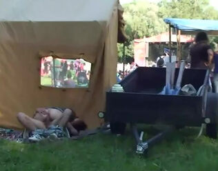 Exhibitionist pair humping near trading tent at honest