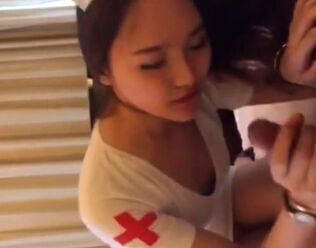 First-timer japanese in nurce uniforn doing deep throat